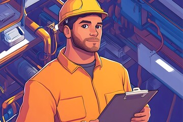 A confident worker in a yellow jumpsuit and hard hat holds a clipboard, standing before complex machinery