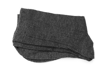 Pair of grey socks isolated on white, top view