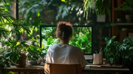 Woman working at home amidst plants
