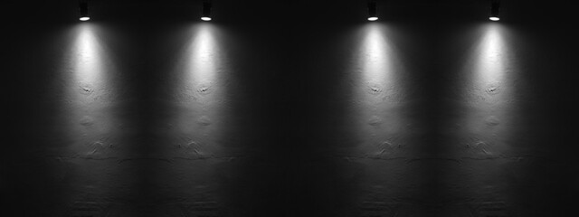 Rays, spotlight light. Empty dark black night scene with white light. Modern stucco plaster...