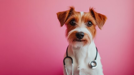 Adorable dog with stethoscope against a pink backdrop, symbolizing veterinary care and pet health awareness