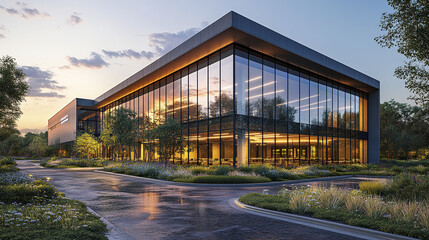 modern business facility with large glass windows surrounded by greenery at sunset