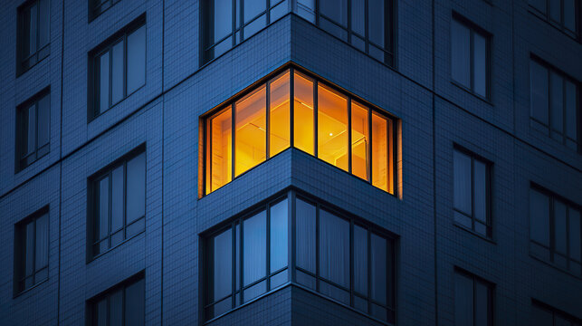brightly lit corner office in dark building at night creates striking contrast