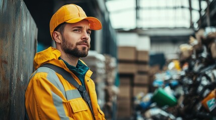 Young man in safety gear standing in a recycling facility with piles of materials in the background