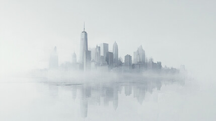Fototapeta premium distant city skyline emerges in soft morning haze, creating serene atmosphere
