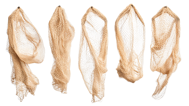 Five Beige Fishing Nets in Various Poses Isolated on White Background