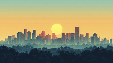 Fototapeta premium serene cityscape at sunrise, showcasing minimalist high rise buildings against vibrant sky