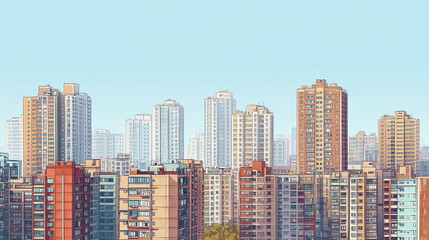 Obraz premium Minimalist cityscape featuring high rise buildings under clear sky