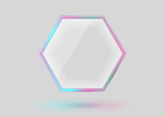 Blue pink pastel glass transparent hexagonal frame abstract modern design. Vector vibrant background