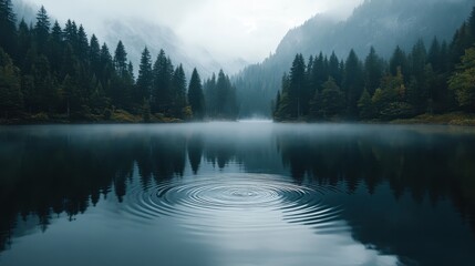 Misty mountain lake reflection with ripples surrounded by pine trees