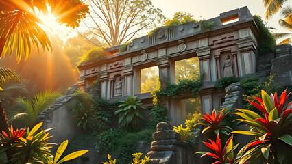Ruins of an ancient temple in the thickets of a tropical forest, in the light of the sun's rays.