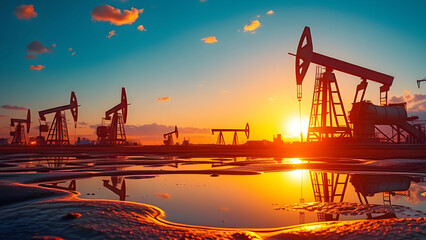 Oil extraction pumps against a hot sunset.