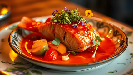 Sea fish cooked with vegetables and microgreens in red sauce.