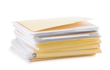 Stack of file folders with papers isolated on white