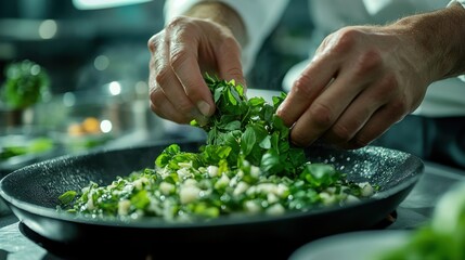 Chef preparing fresh herbs for a delicious meal in a professional kitchen setting