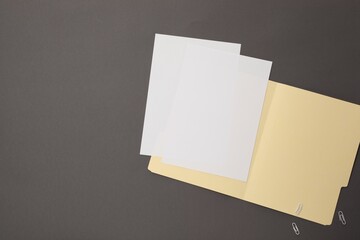 File folder with blank sheets and paper clips on gray background, flat lay. Space for text