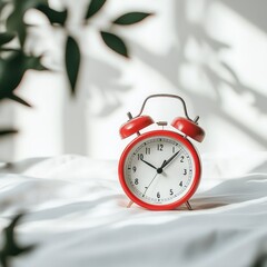 Red alarm clock on a white background,