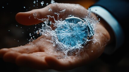 Fototapeta premium Water splashing on wristwatch in hand close-up