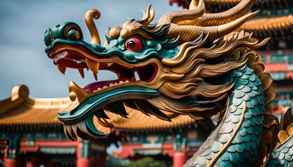 Fototapeta premium Closeup of a Golden Dragon Statue in a Chinese Temple