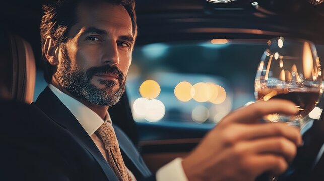 Caucasian male in suit enjoying wine inside a car at evening