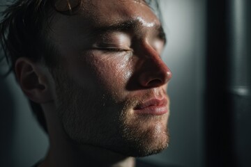 Obraz premium Wet face with closed eyes in solemn expression, highlighted by dramatic lighting, showing textured skin and light beard. The image conveys a sense of serenity and introspection