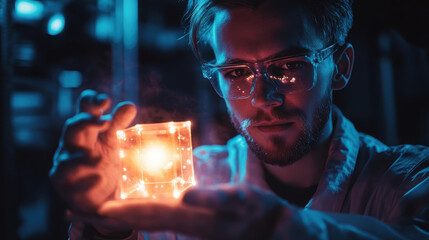 Focused Male Scientist Holding Glowing Cube in Dark Lab