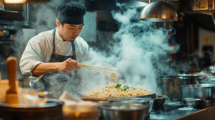 Focused Male Chef Preparing Steaming Noodles in a Busy Restaurant Kitchen