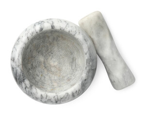 Marble mortar with pestle isolated on white, top view