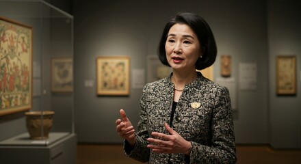 Elegant adult Asian woman in a patterned jacket speaks and gestures while standing in a museum gallery with artworks displayed in the background.