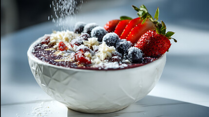 Acai bowl topped with fresh strawberries, blueberries, shredded coconut, and powdered sugar falling, creating vibrant and healthy breakfast or snack option