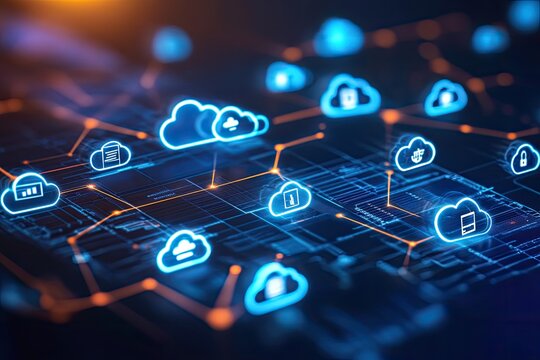 Cloud computing network with interconnected icons  A complex network of linked cloud computing icons,  depicting data transfer and storage, displayed on a dark circuit board background - Powered by Adobe