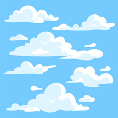 Cartoon clouds isolated on blue sky panorama vector collection. Cloudscape flat design hand drawn, white cloud illustration