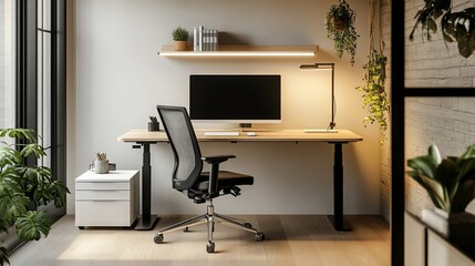 Contemporary Home Office Setup with Adjustable Desk and Natural Light Decor