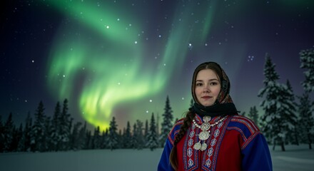 A young indigenous woman wearing traditional Sami clothing stands in a snowy winter landscape under the vibrant green display of the Northern Lights at night.