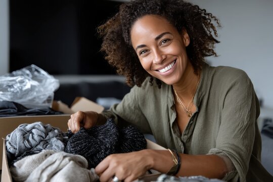 A joyful woman meticulously organizing her clothes in a box, radiating positivity and warmth as she embraces the simplicity of everyday life in a cozy home environment.