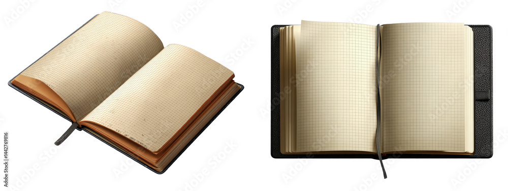 Poster open notebook with grid paper, stitched binding and blank pages