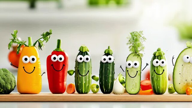 Playful vegetable characters with smiling faces on a wooden board in a sunny kitchen.