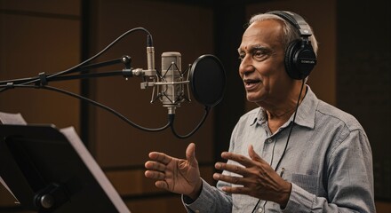 An older Asian man with grey hair and headphones speaks into a studio microphone, gesturing with his hands while recording audio in a professional sound booth.