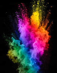 Fototapeta premium Exploding cloud of colorful powder particles, vibrant rainbow explosion, black background.