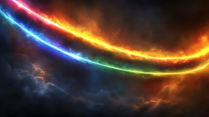 Obraz premium A vibrant cosmic scene with colorful arcs of light against a dark, cloud-filled background.