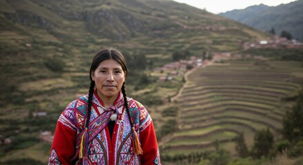 Portrait of an indigenous woman with braided hair wearing traditional woven clothing, standing in a mountainous landscape with terraced fields and a village in the background.