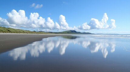 Serene Coastal Landscape with Reflections of Clouds and Sky on Calm Water at Pristine Beach