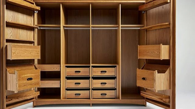 Spacious, wooden wardrobe with multiple drawers and shelves;  empty interior, well-organized storage, modern design