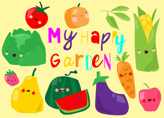Set of Cute Cartoon Fruits and Vegetables