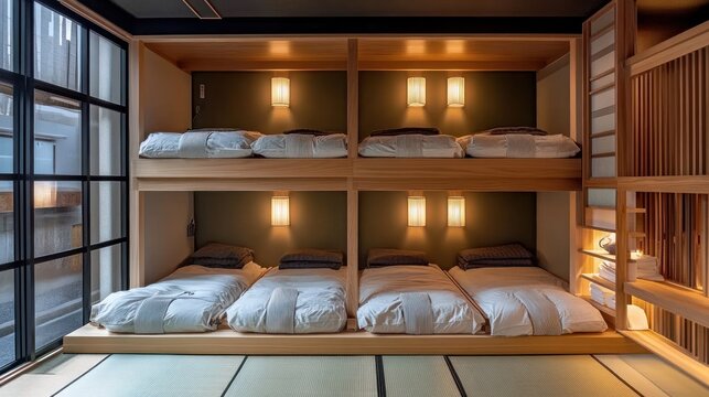Modern Japanese-style dorm room with bunk beds