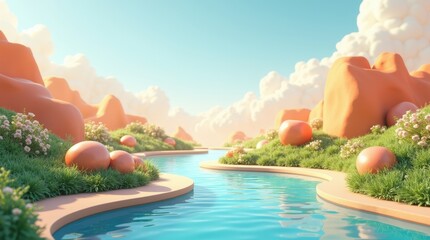 Obraz premium Three-dimensional photorealistic USA landscape, symbolizing wellbeing, vivid colors, horizontal, modern ad composition.