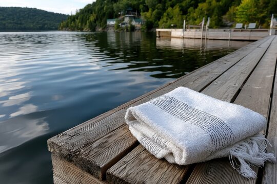 A neatly folded towel lies on a wooden dock, beside tranquil lake waters, epitomizing a peaceful day by the water and inviting relaxation in a beautiful natural setting.