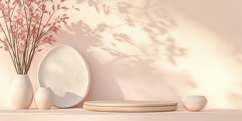 Fototapeta premium Delicate, pastel-toned display with decorative pottery and plants.