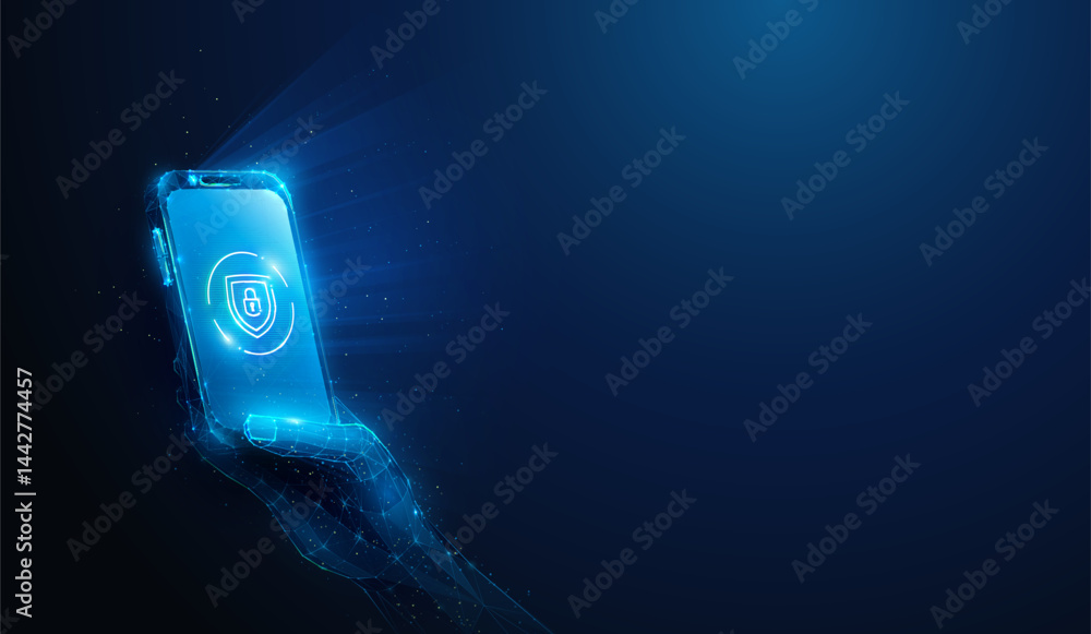 Poster low poly smartphone in hand with shield lock icon. abstract geometric illustration depicting digital