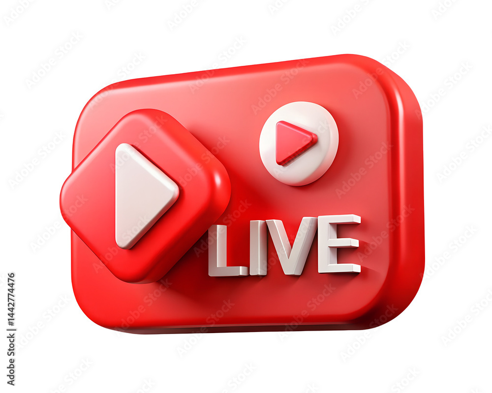 Poster red glossy 3d live button icon on a white background is a vector illustration for web design isolate